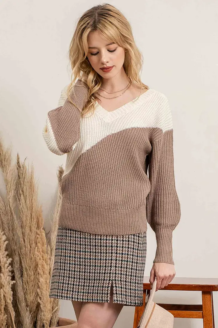 Asymmetrical Color-Block Knit Sweater