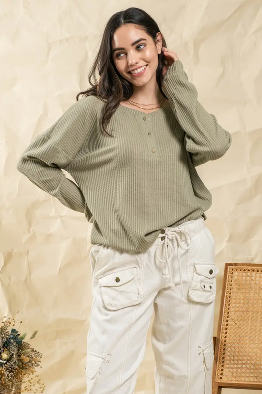 Front Button Up Waffle Knit Long Sleeve